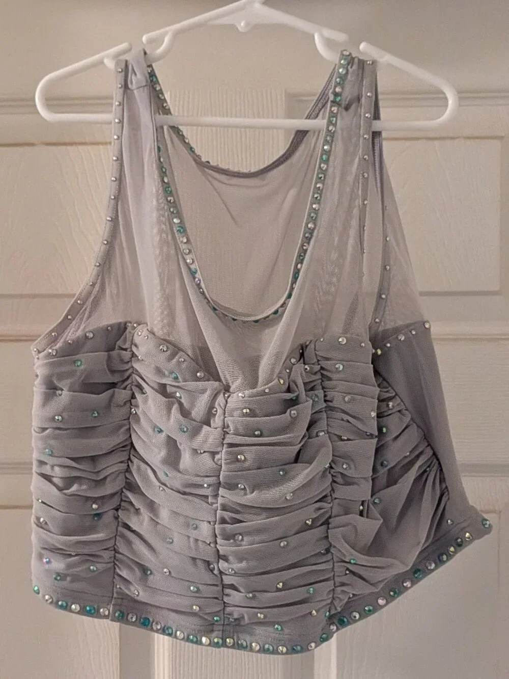 Rhinestone Crystal Gray Mesh Ruched Lyrical Dance Costume Crop Top - Youth